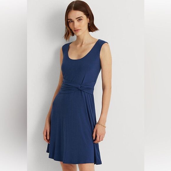 Lauren Ralph Lauren Miralavia Fit & Flare Navy Jersey Stretch Dress- twist waist - Picture 1 of 16